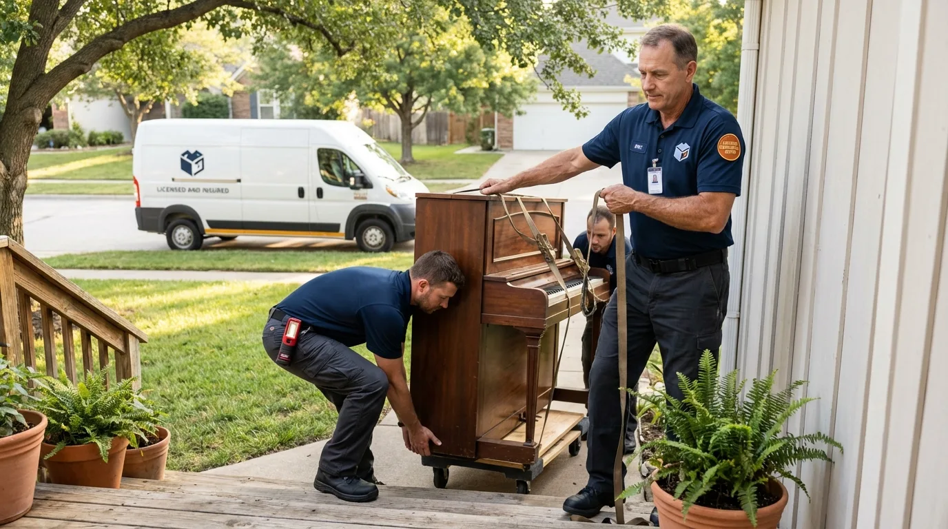 Licensed piano movers securing grand piano in Lavallette, NJ