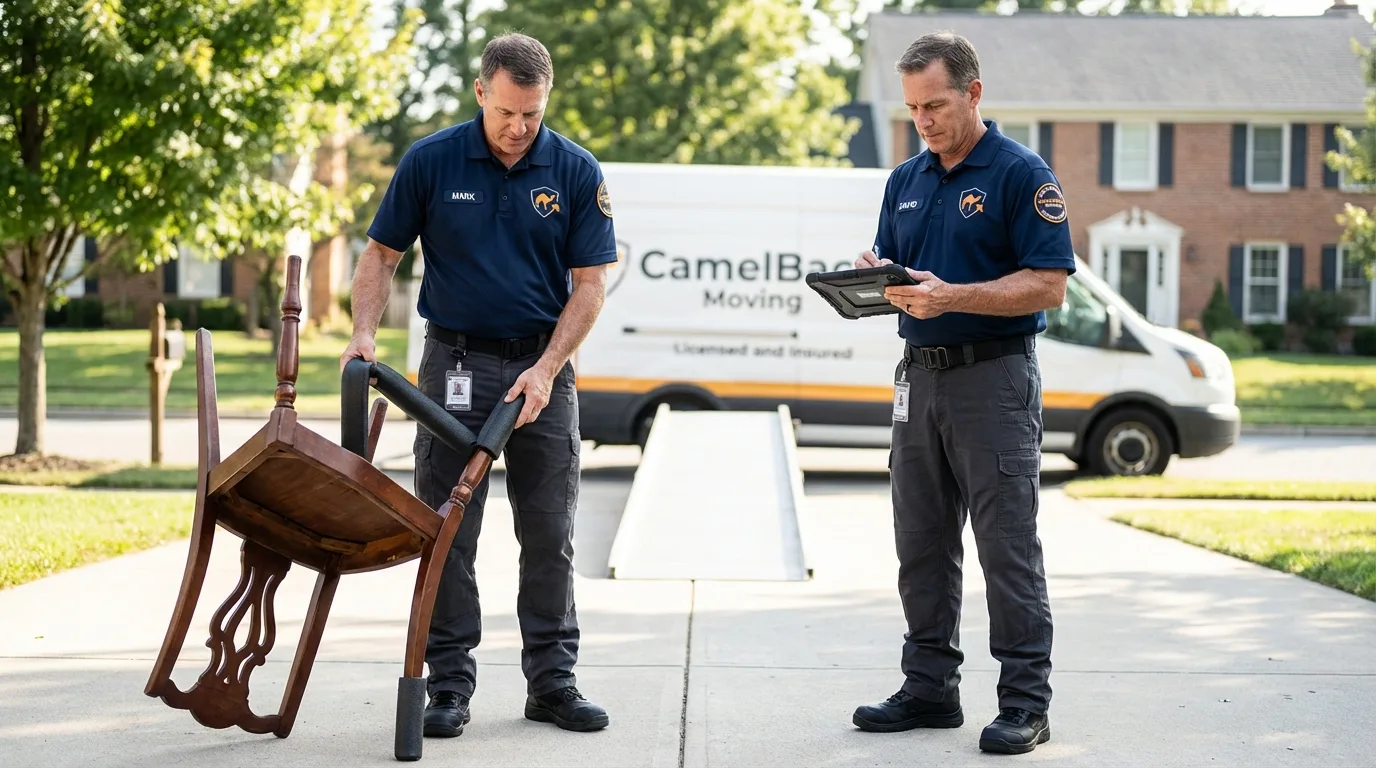 Movers inspecting furniture for damage prevention before loading in Lavallette, NJ